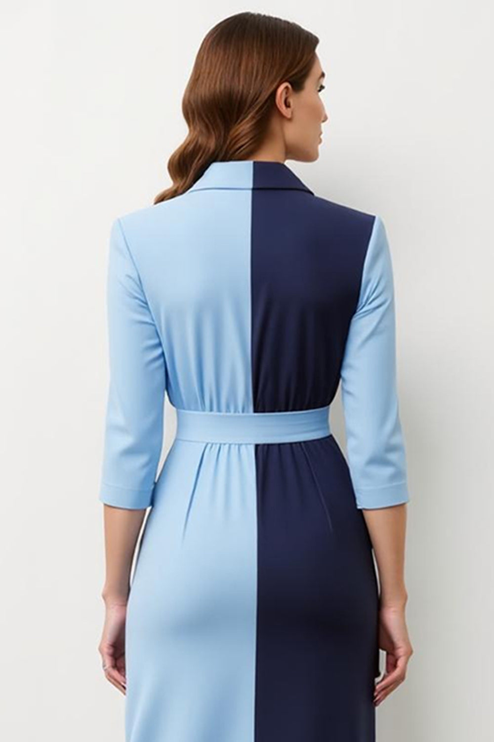 Robe blazer midi à revers en patchwork bleu marine avec nœud