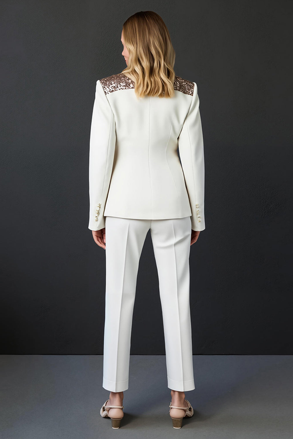 Costume de bal 2 pièces à revers châle blanc scintillant avec boutons