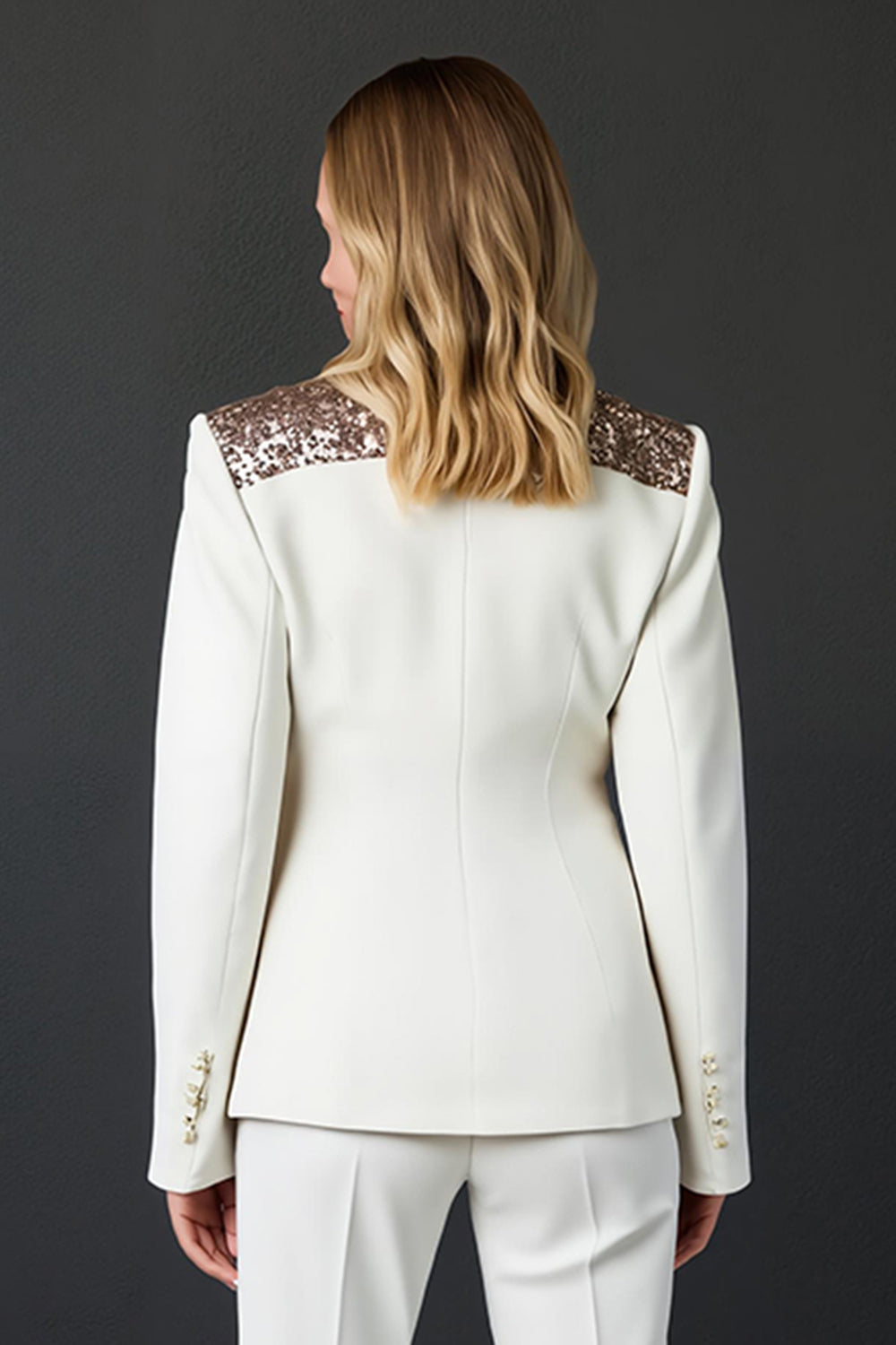 Costume de bal 2 pièces à revers châle blanc scintillant avec boutons