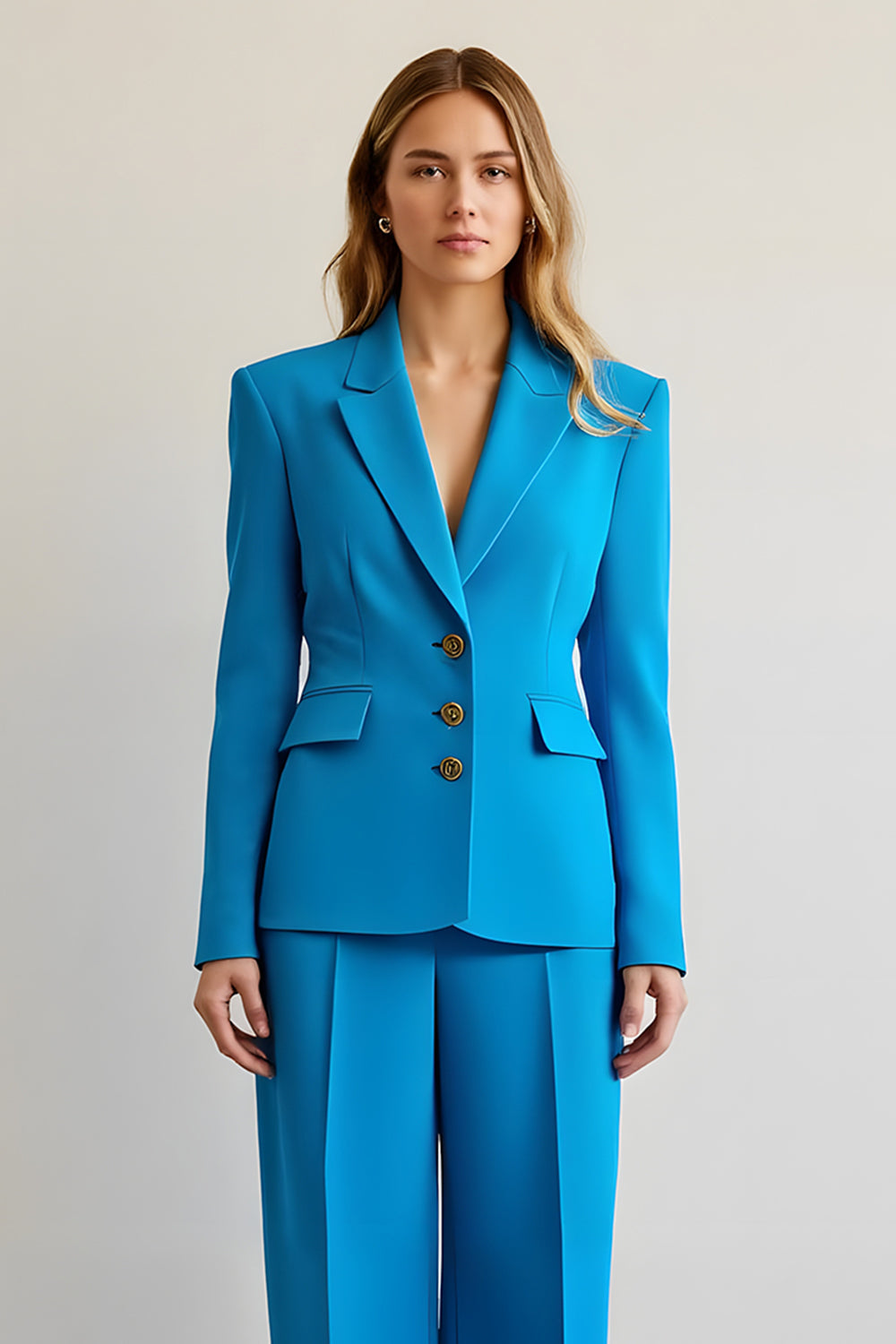 Bleu 2 Pièce Cranté Revers Satin Femmes Bal Costumes
