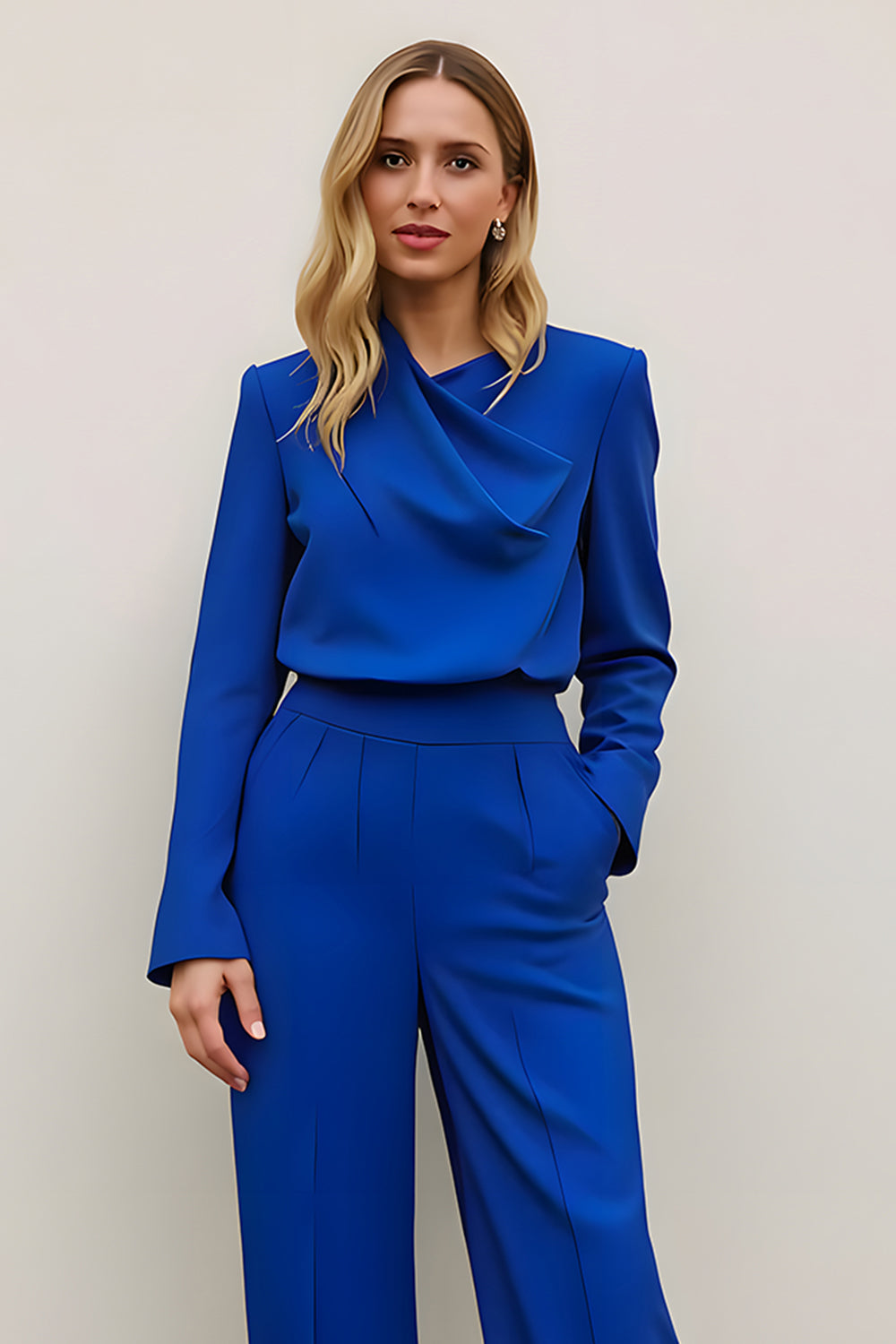 Costumes de travail 2 pièces en satin bleu royal avec poches