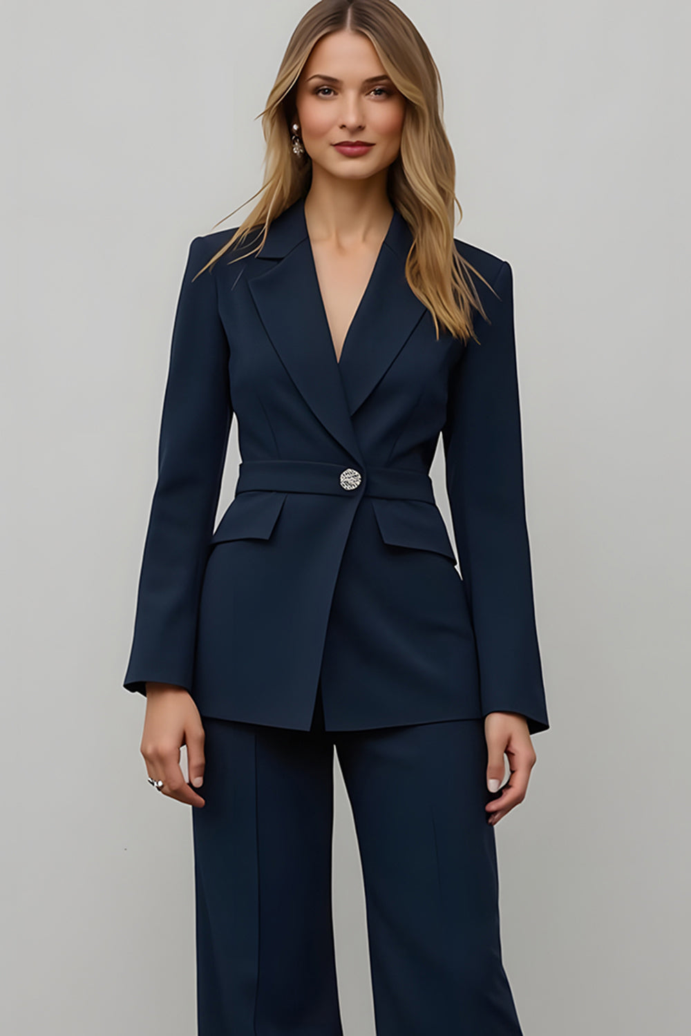 Marine 2 Pièce Satin Cranté Revers Femmes Costumes de Bal