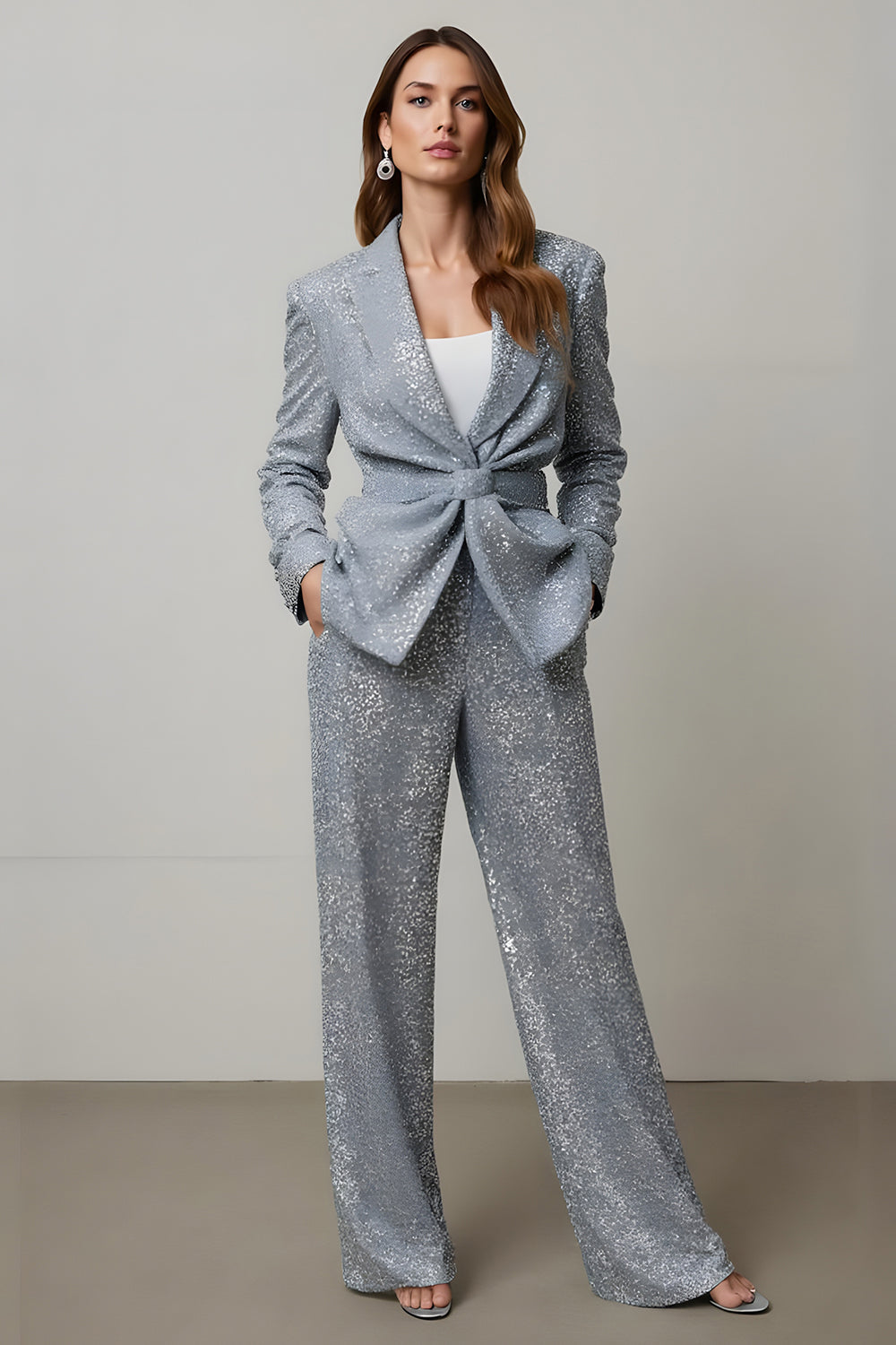 Sparkly Grey 2 Piece Paillettes Femmes Bal Costumes avec Poches