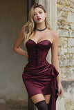 Bourgogne moulante Sweetheart Ruched Corset Satin Robe De Cocktail