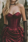 Bourgogne sans bretelles Corset Satin Moulante Robe De Cocktail Courte