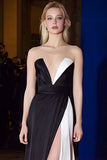 Noir Blanc Sans Bretelles Satin A-ligne Robe de Gala Longue avec Fente