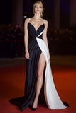 Noir Blanc Spaghetti Straps Sirène Satin Longue Robe de Gala avec Fente