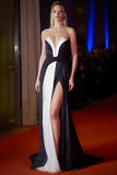 Noir Blanc Sirène Sans Bretelle Robe de Gala Longue Avec Fente