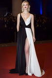 Noir Blanc Col V Robe de Gala Trapèze Satin