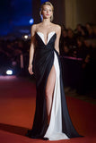 Noir Blanc Sans Bretelles Satin Ruché Sirène Robe Longue de Gala avec Fente