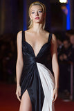 Noir Blanc Sirène Robe de Gala Longue Ruchée En Satin Avec Fente