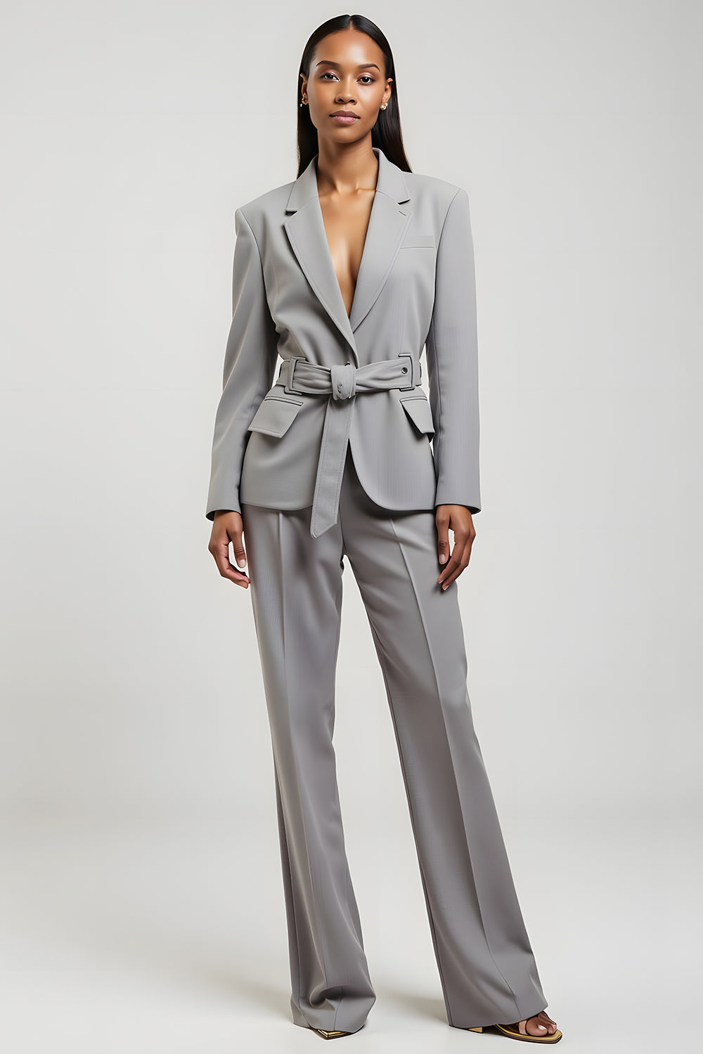 Gris Cranté Revers V Col 2 Pièces Femmes Costumes avec Poches