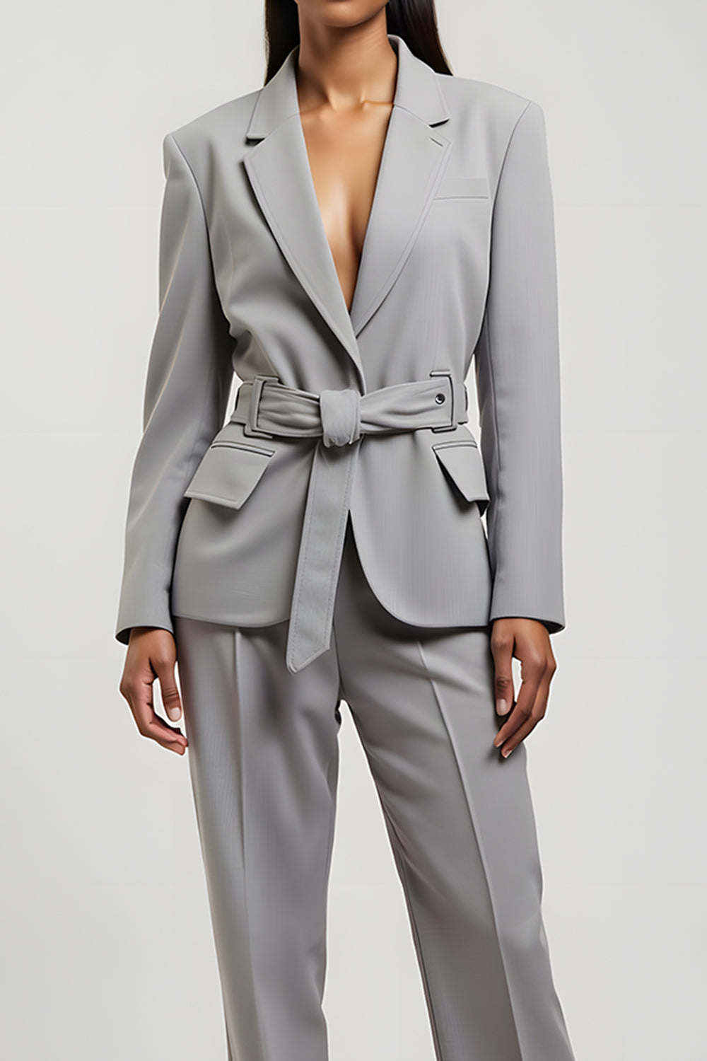 Gris Cranté Revers V Col 2 Pièces Femmes Costumes avec Poches