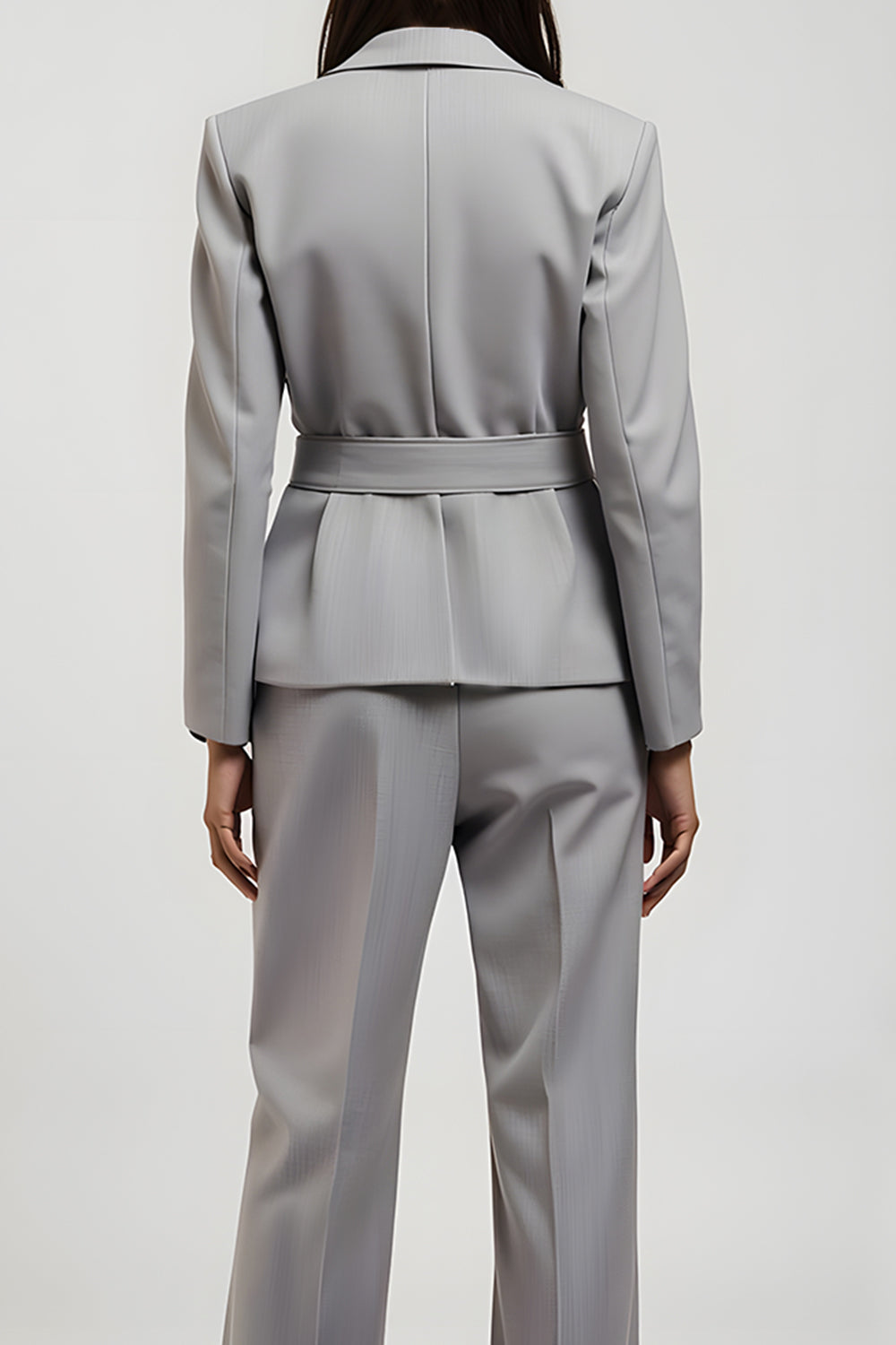 Gris Cranté Revers V Col 2 Pièces Femmes Costumes avec Poches
