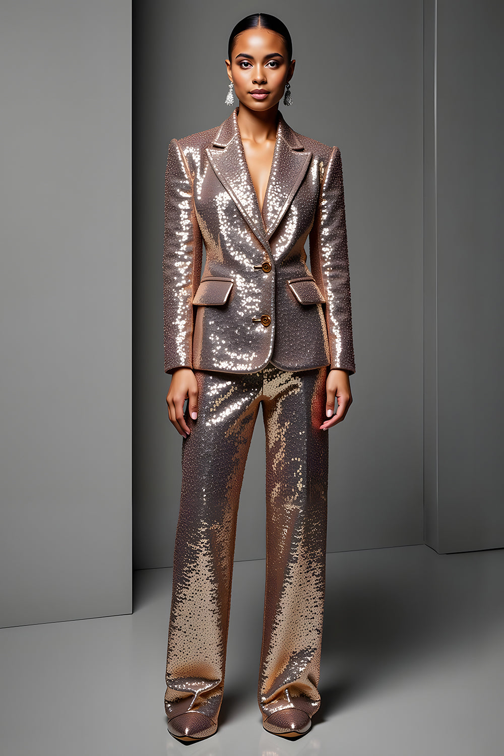 Rose Golden Peak Lapel 2 Piece Femmes Costumes avec Manches