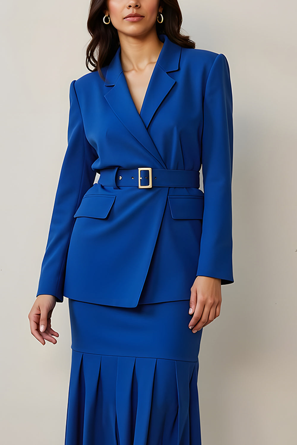 Bleu royal à volants crantés revers 2 pièces femmes costumes avec ceinture