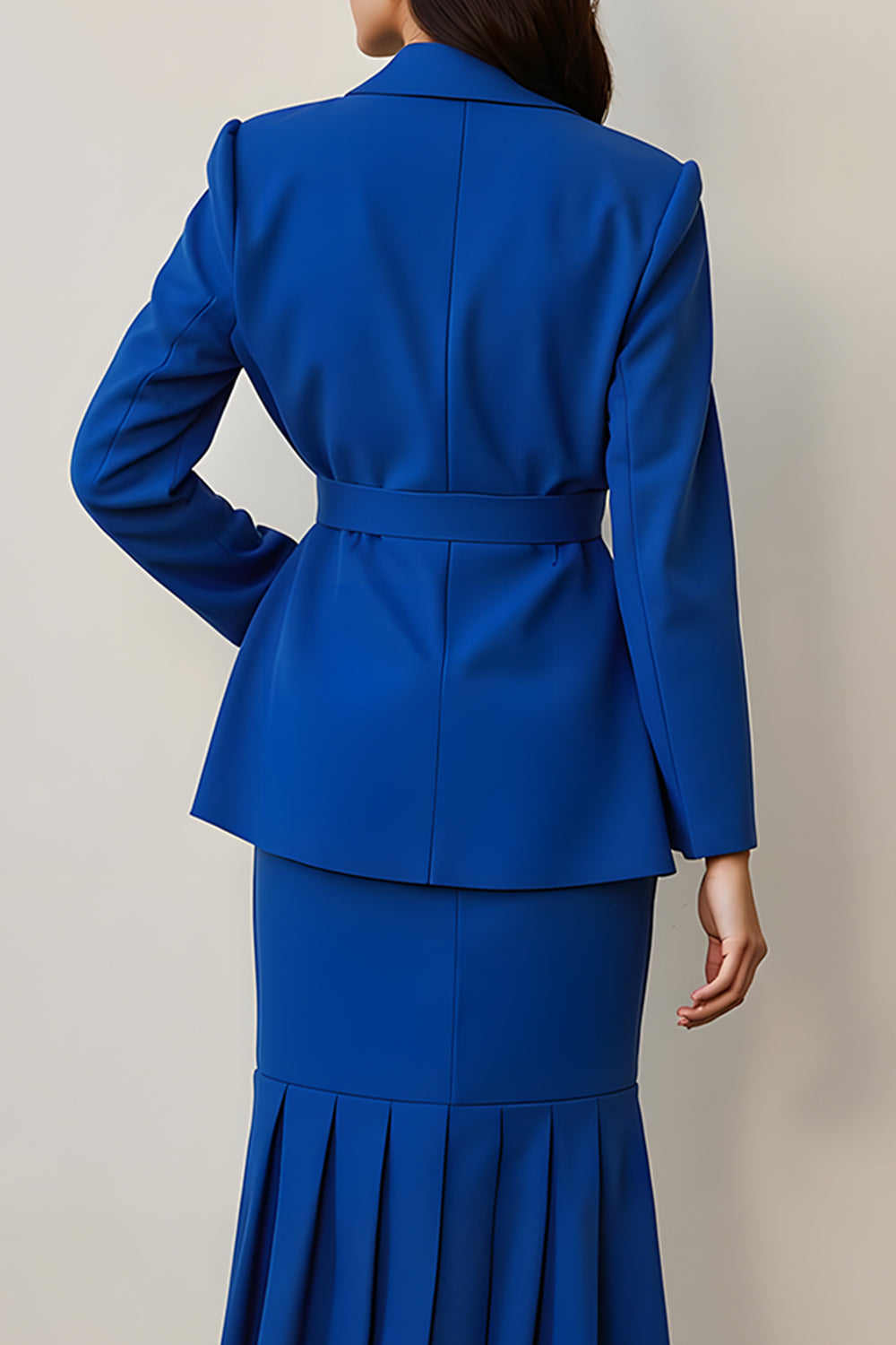 Bleu royal à volants crantés revers 2 pièces femmes costumes avec ceinture
