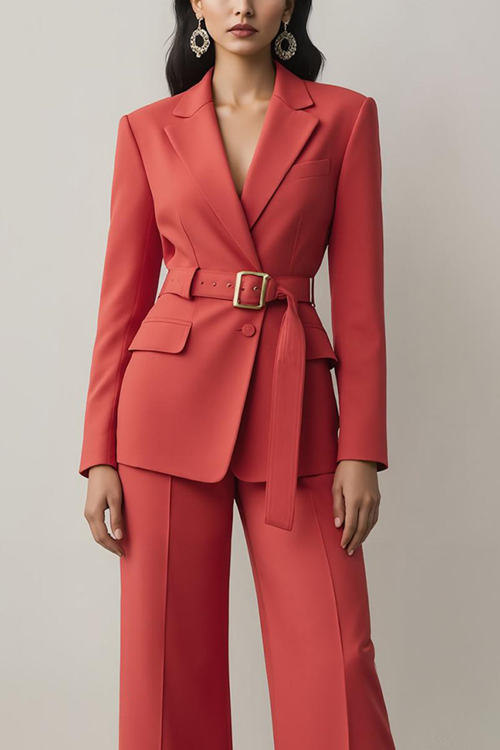 Rouge Cranté Lapvers 2 Pièces Femmes Costumes avec Ceinture