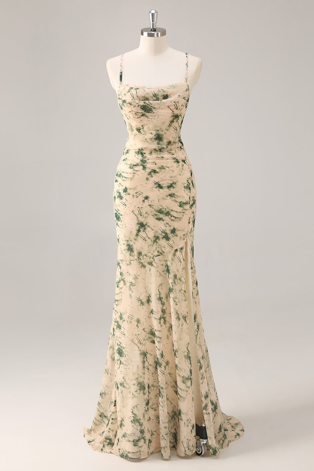 Robe de demoiselle d’honneur imprimée sirène florale champagne avec fente