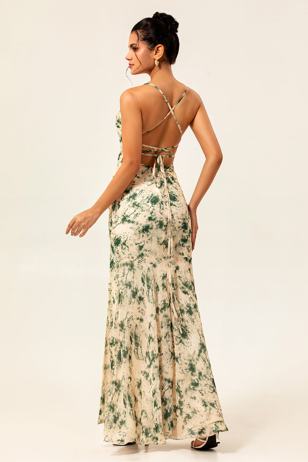 Robe de demoiselle d’honneur imprimée sirène florale champagne avec fente