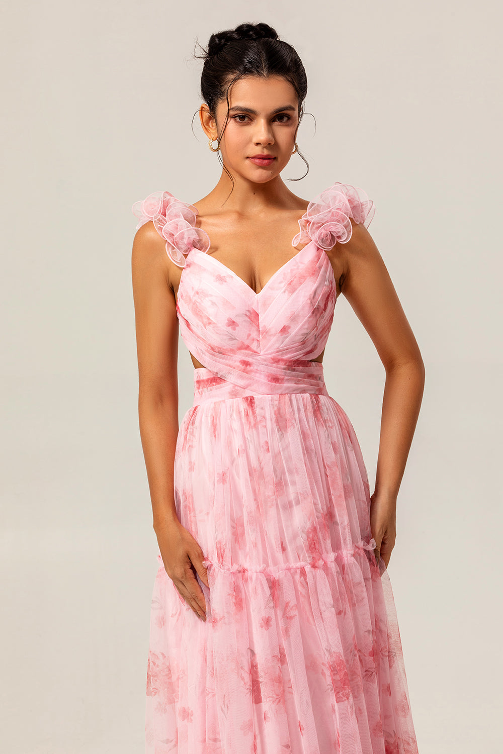 Blush Floral Une ligne à volants Tulle Robe de demoiselle d’honneur longue