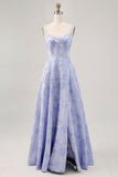 Robe de bal longue corset en brocart bleu A-ligne avec fente