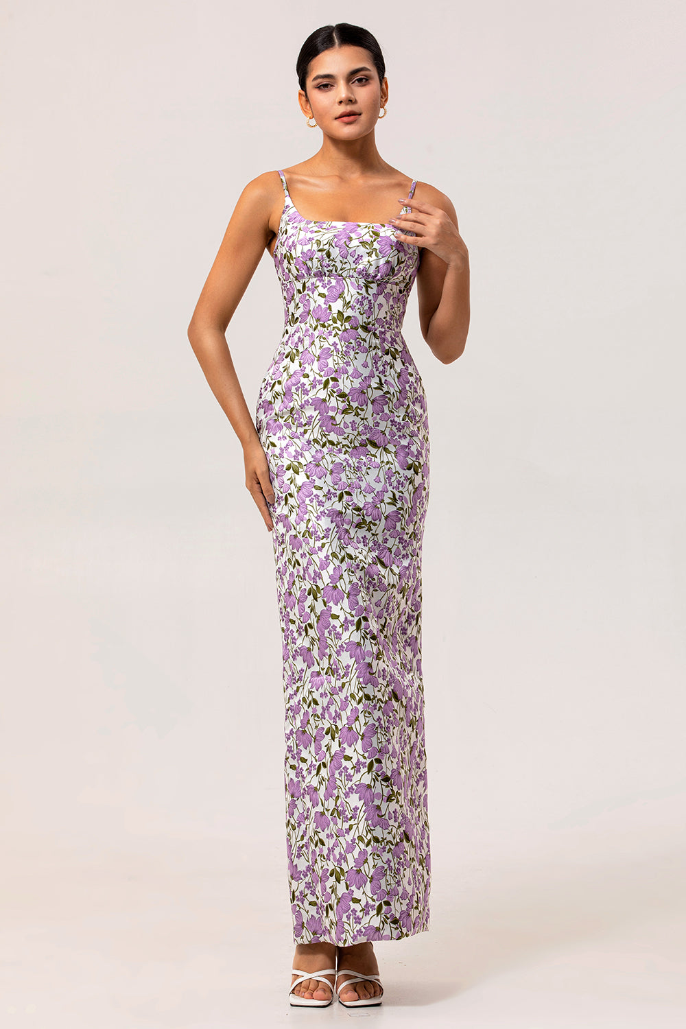 Fourreau floral violet imprimé spaghetti bretelles longue robe de demoiselle d’honneur