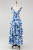 Bleu Floral A Ligne Étagée Col V Longue Robe de demoiselle d’honneur