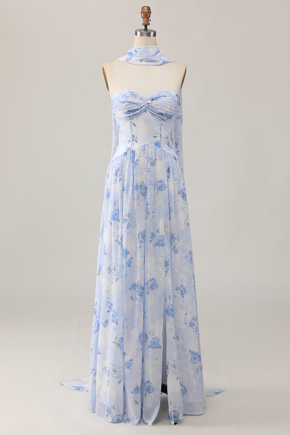 Robe d’invitée de mariage imprimée trapèze sans bretelles fleur bleue avec fente