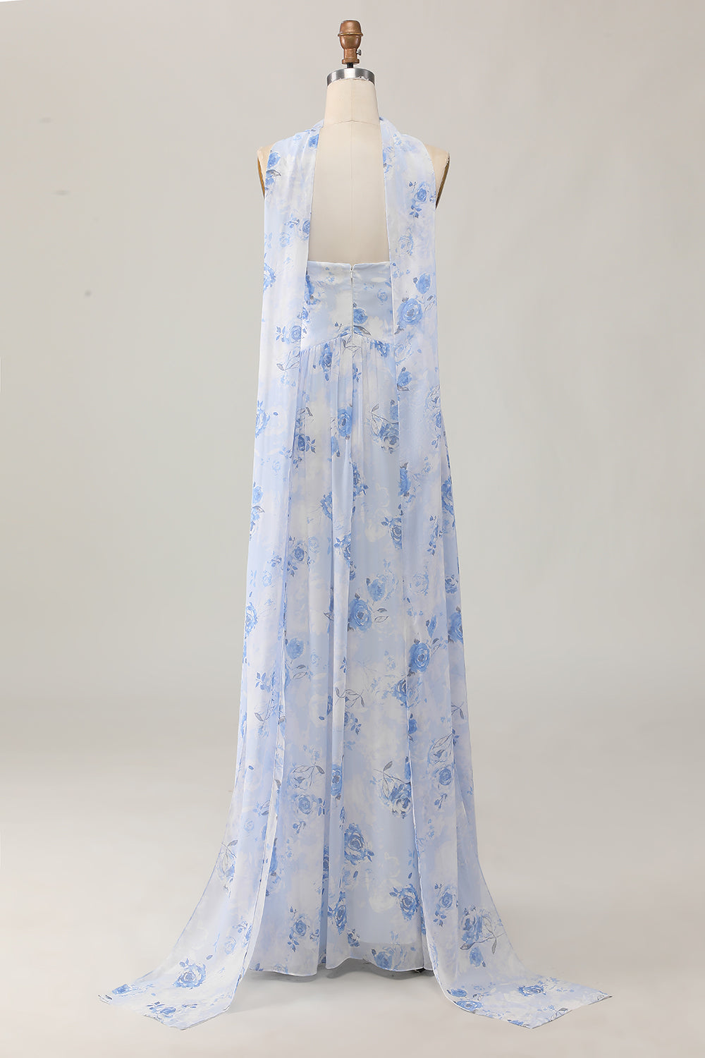 Robe d’invitée de mariage imprimée trapèze sans bretelles fleur bleue avec fente