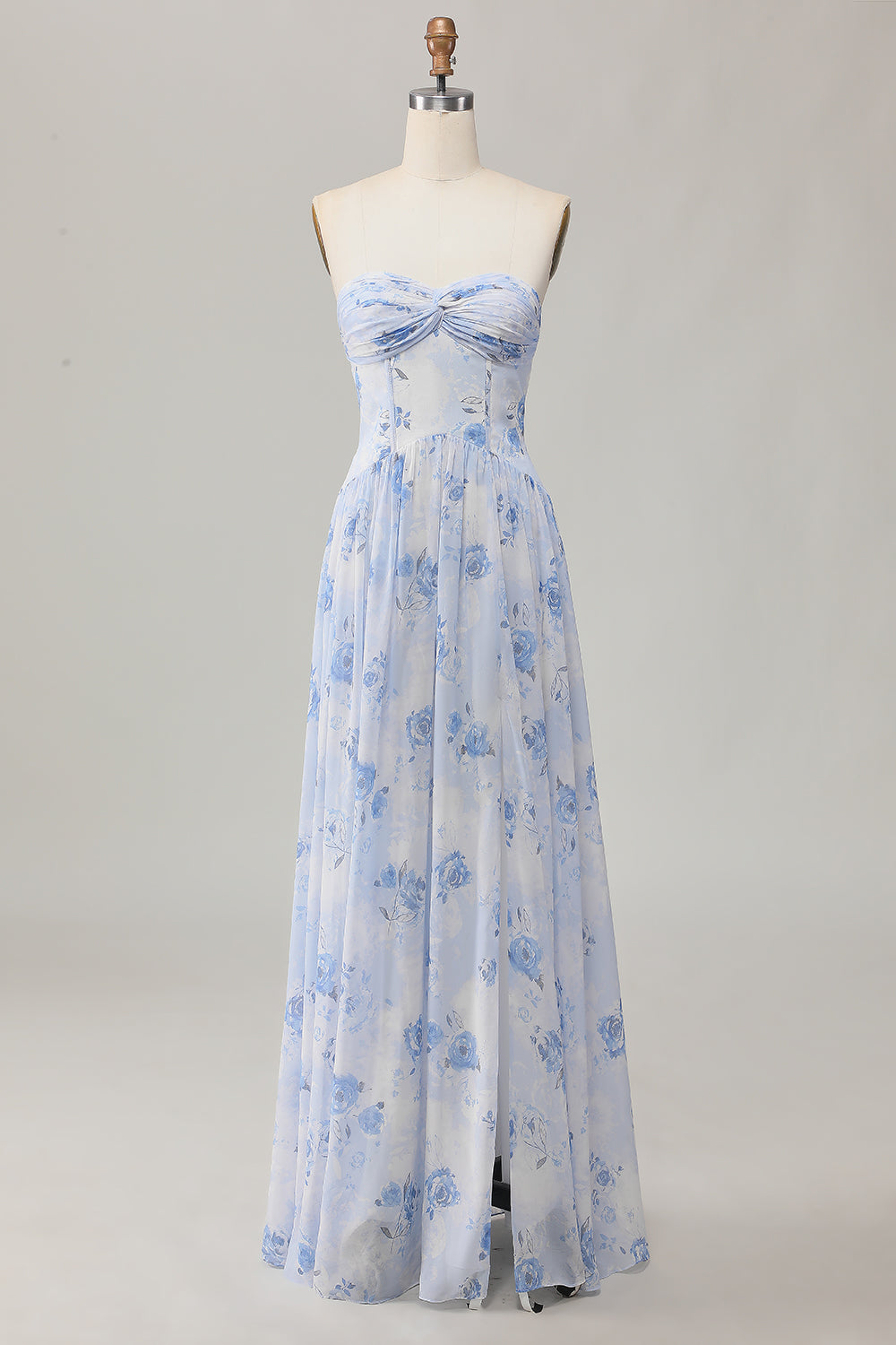 Robe d’invitée de mariage imprimée trapèze sans bretelles fleur bleue avec fente