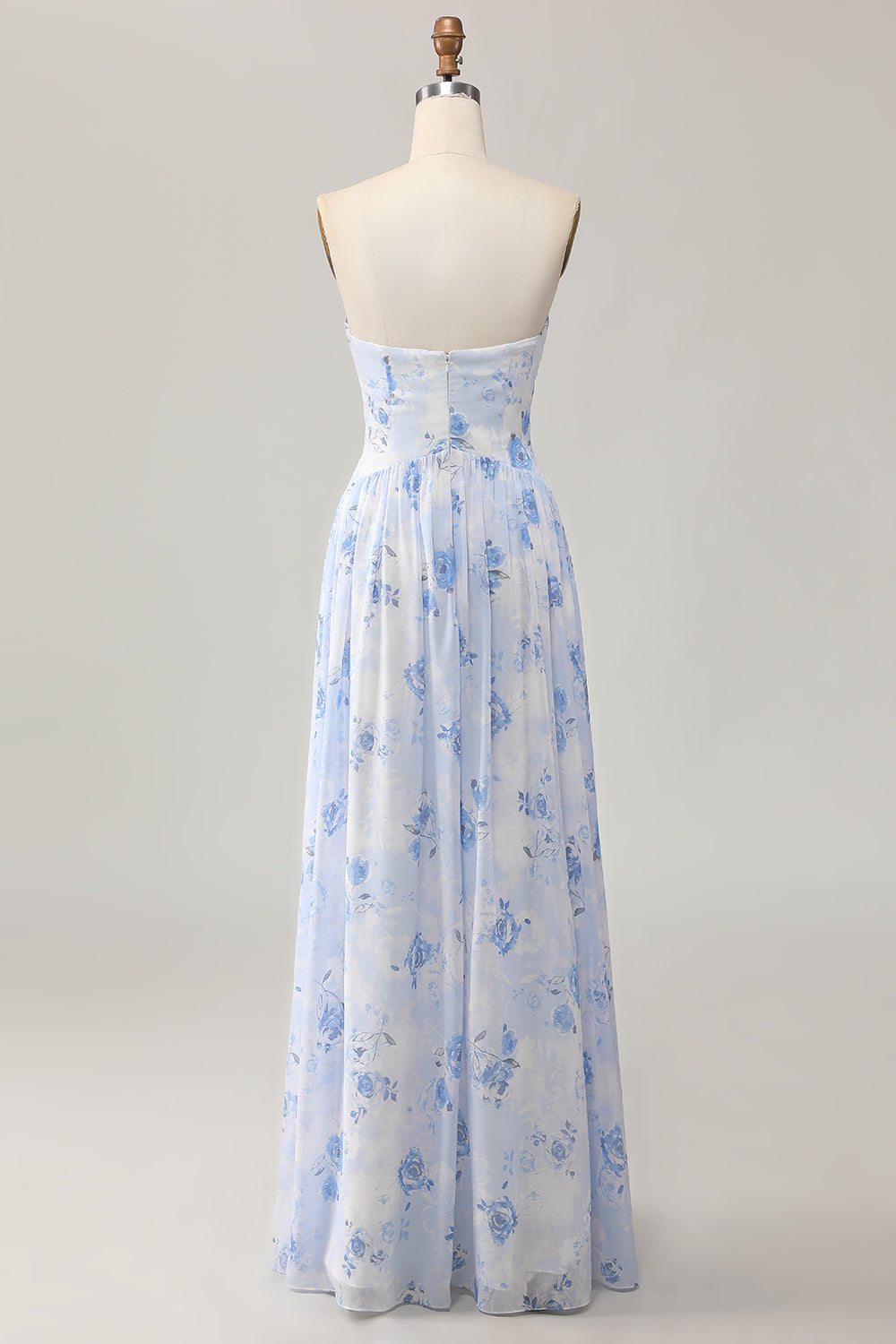 Robe d’invitée de mariage imprimée trapèze sans bretelles fleur bleue avec fente