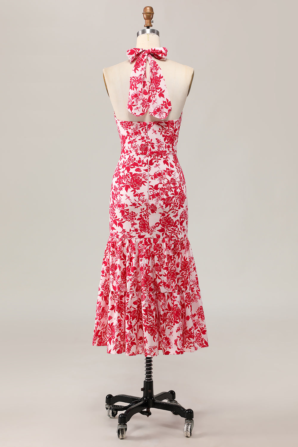 Sirène licol imprimé fleur rouge Midi robe d’invitée de mariage