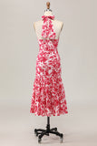 Sirène licol imprimé fleur rouge Midi robe d’invitée de mariage