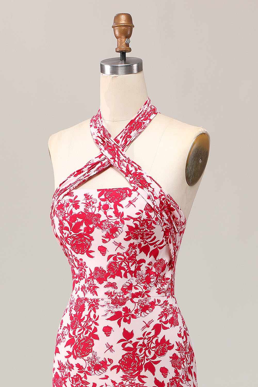 Sirène licol imprimé fleur rouge Midi robe d’invitée de mariage