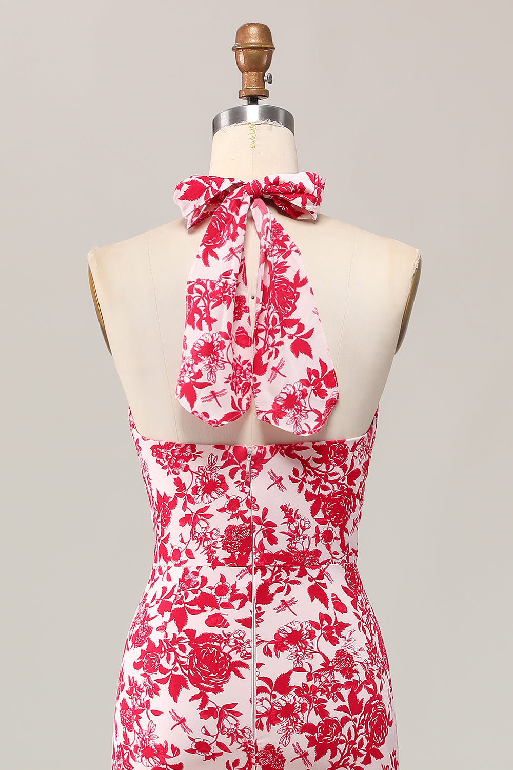 Sirène licol imprimé fleur rouge Midi robe d’invitée de mariage