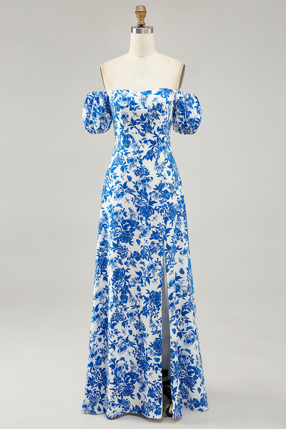 Robe d’invité de mariage bleue à imprimé floral avec fente