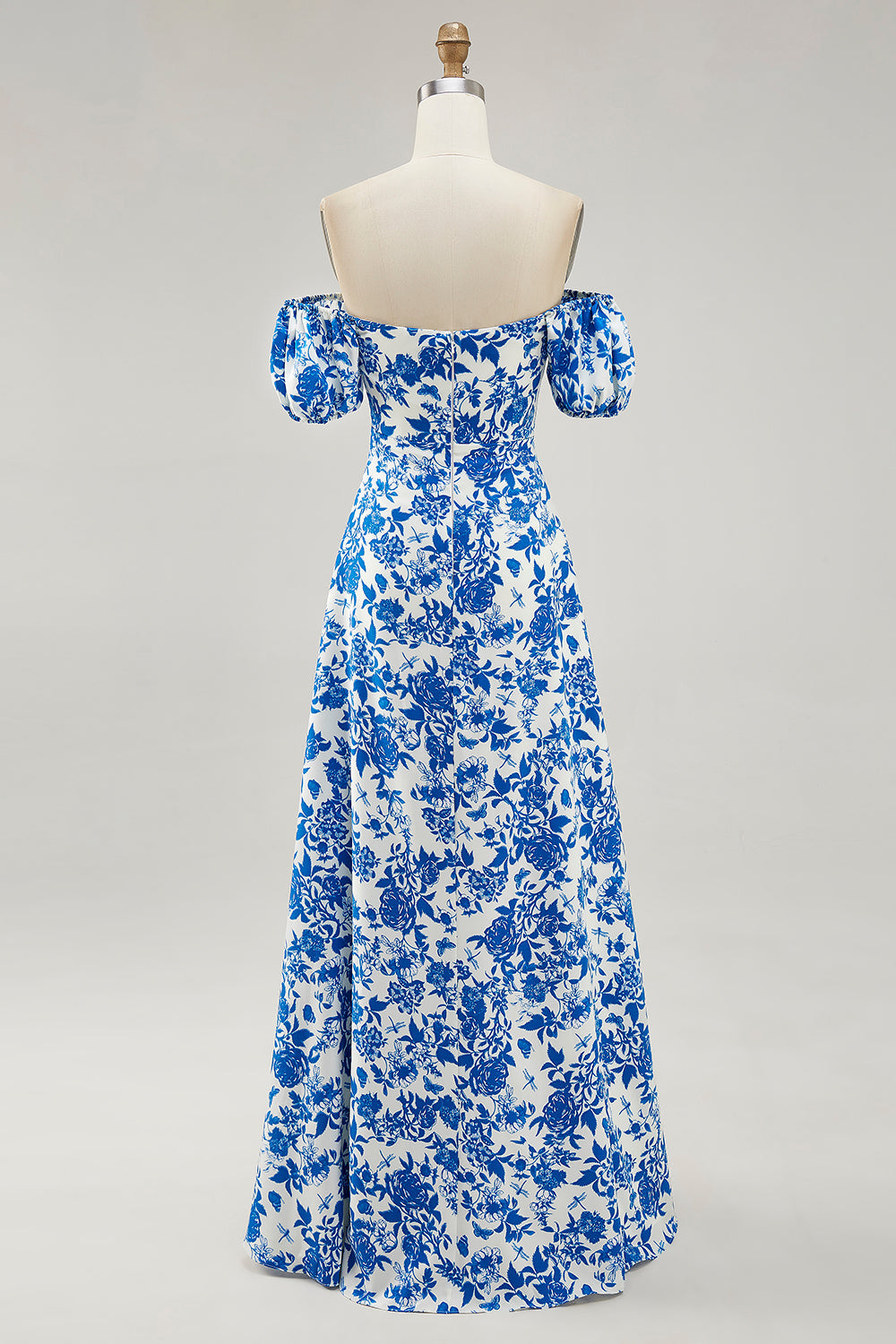 Robe d’invité de mariage bleue à imprimé floral avec fente