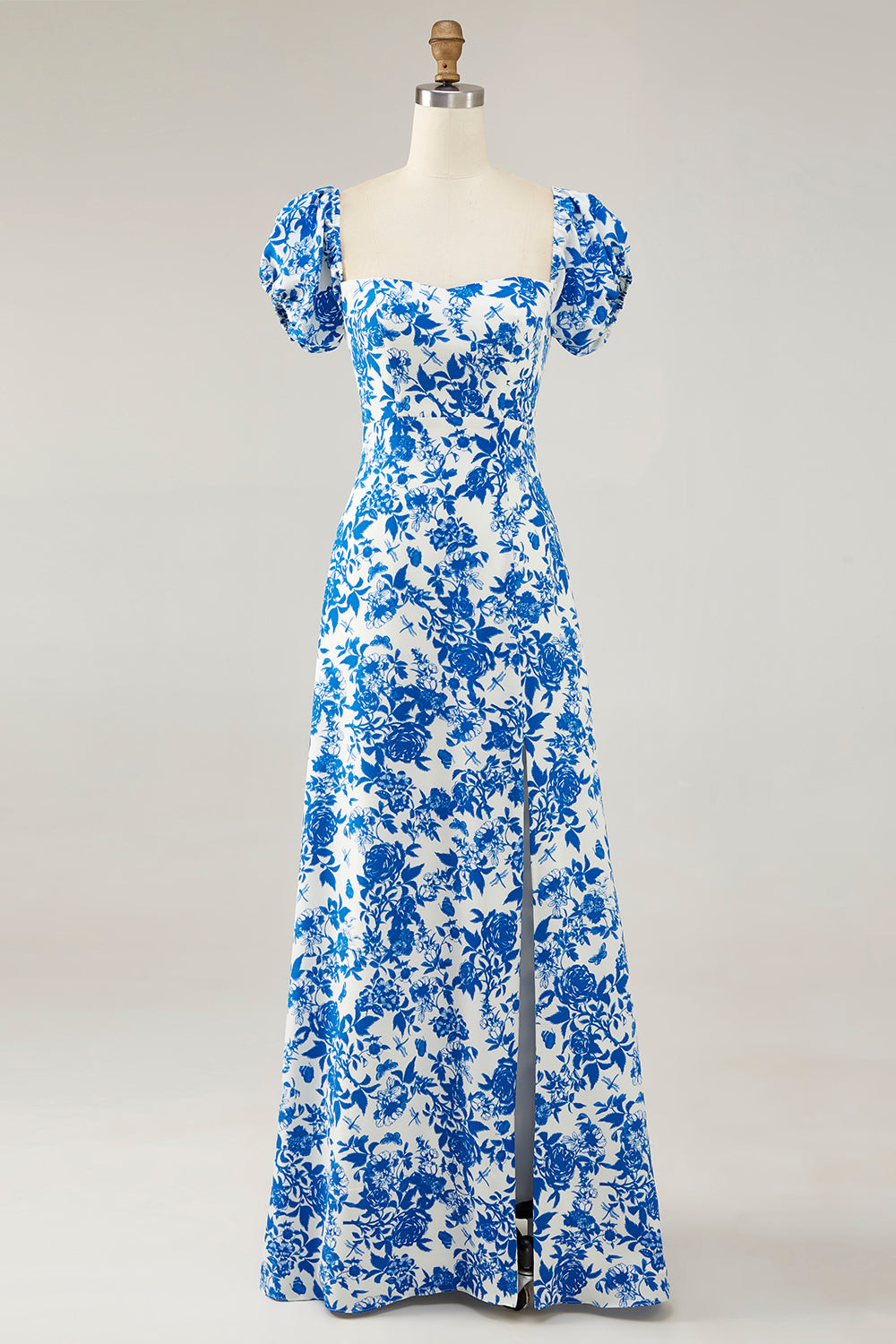 Robe d’invité de mariage bleue à imprimé floral avec fente