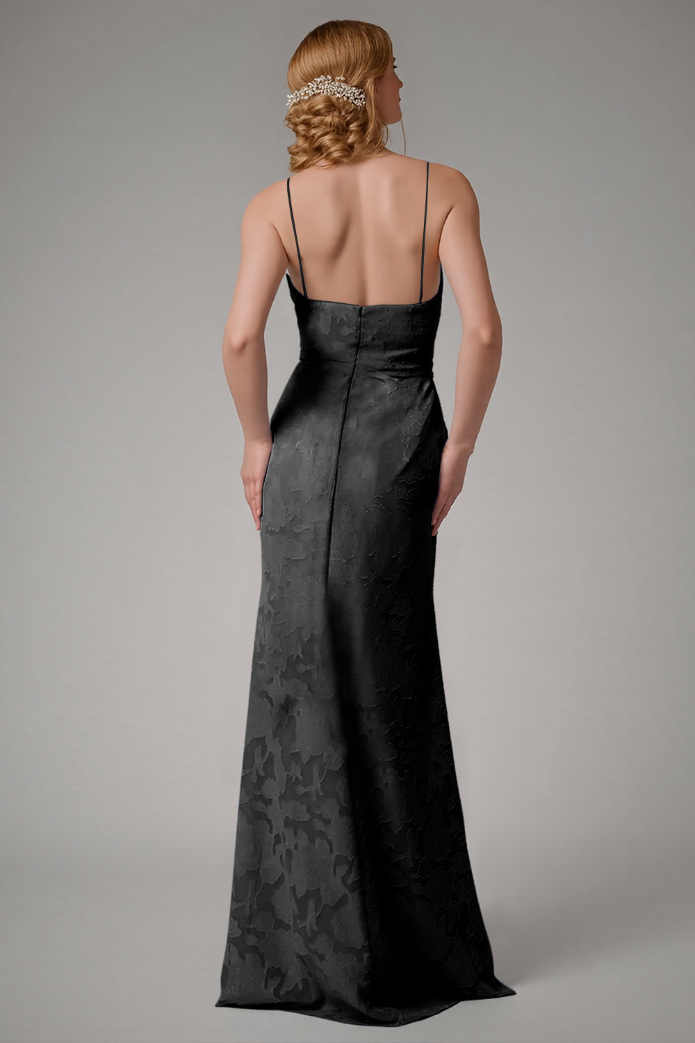 Robe de demoiselle d’honneur à bretelles spaghetti fourreau bleu poussiéreux avec fente