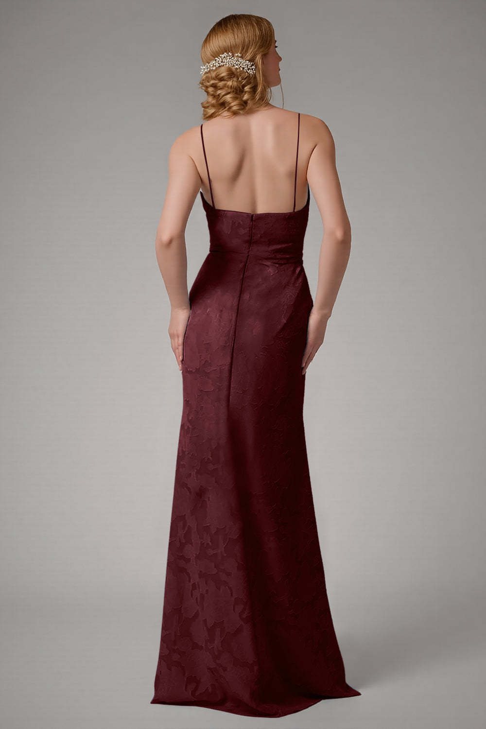 Robe de demoiselle d’honneur à bretelles spaghetti fourreau bleu poussiéreux avec fente