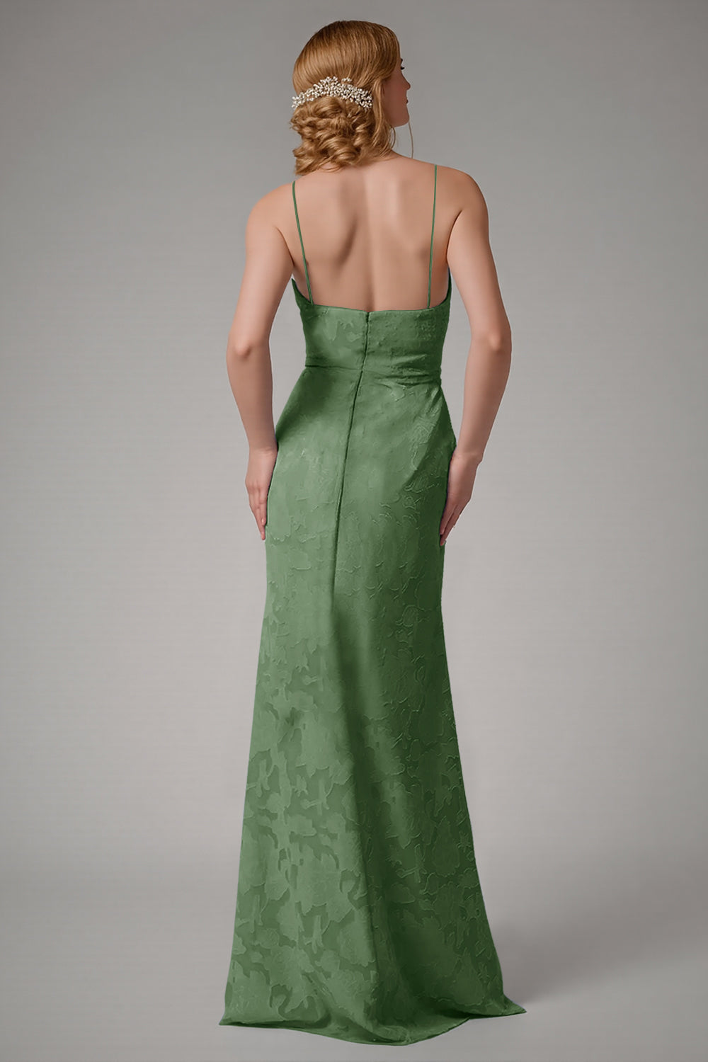 Robe de demoiselle d’honneur à bretelles spaghetti fourreau bleu poussiéreux avec fente