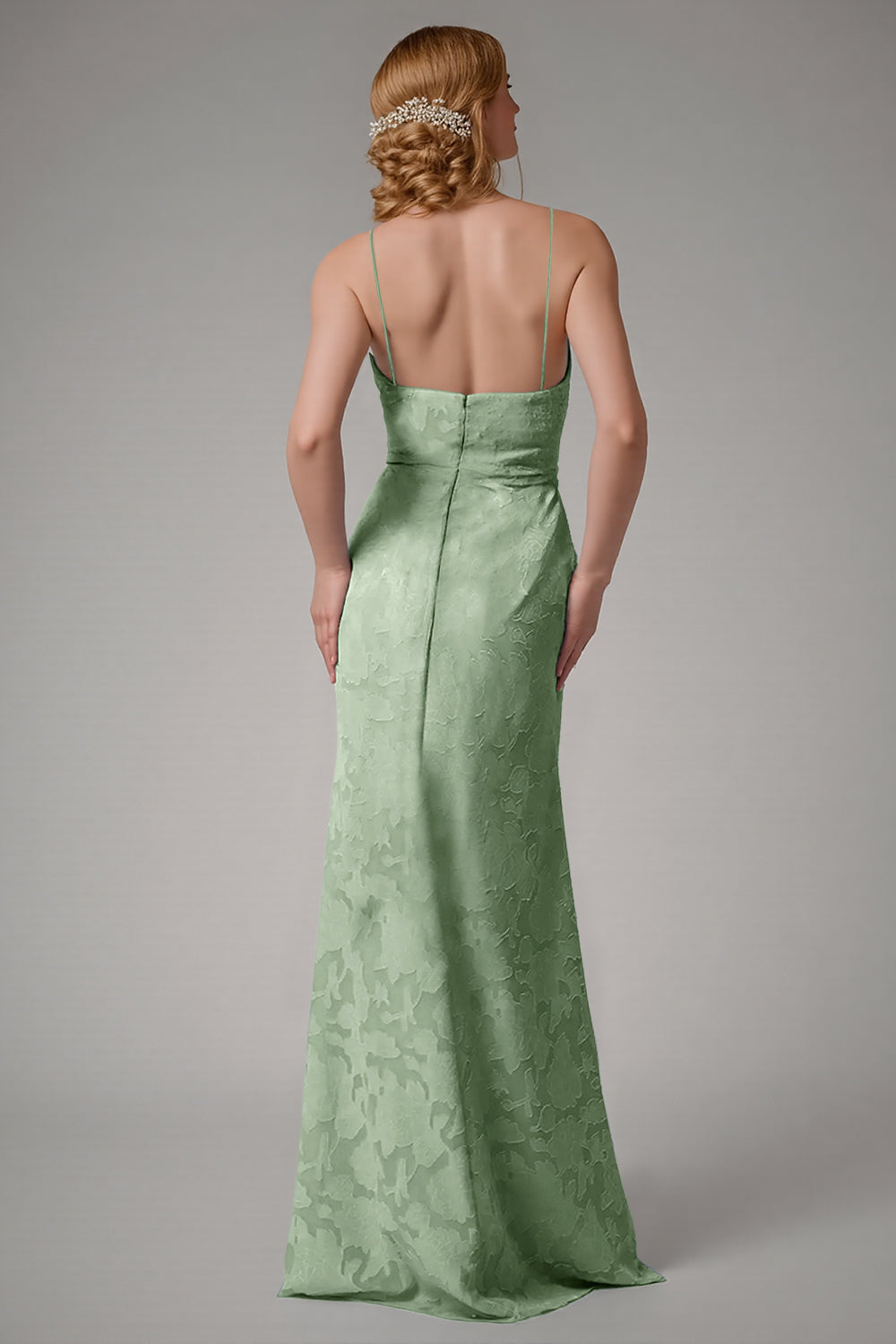 Robe de demoiselle d’honneur à bretelles spaghetti fourreau bleu poussiéreux avec fente