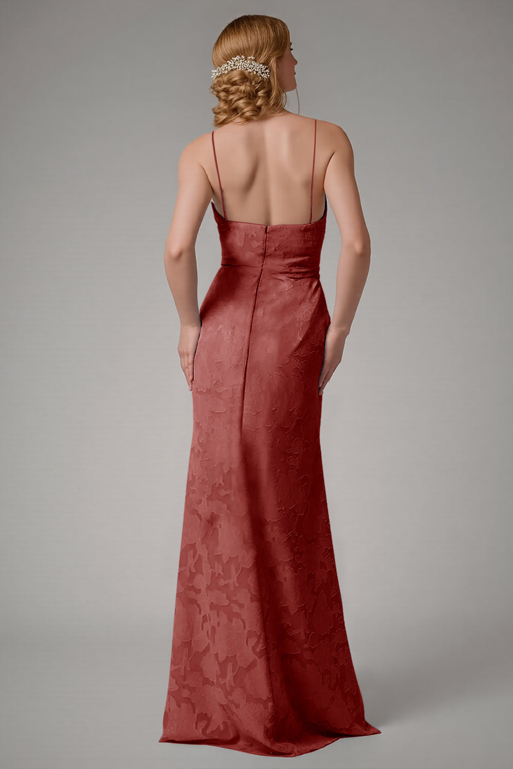 Robe de demoiselle d’honneur à bretelles spaghetti fourreau bleu poussiéreux avec fente