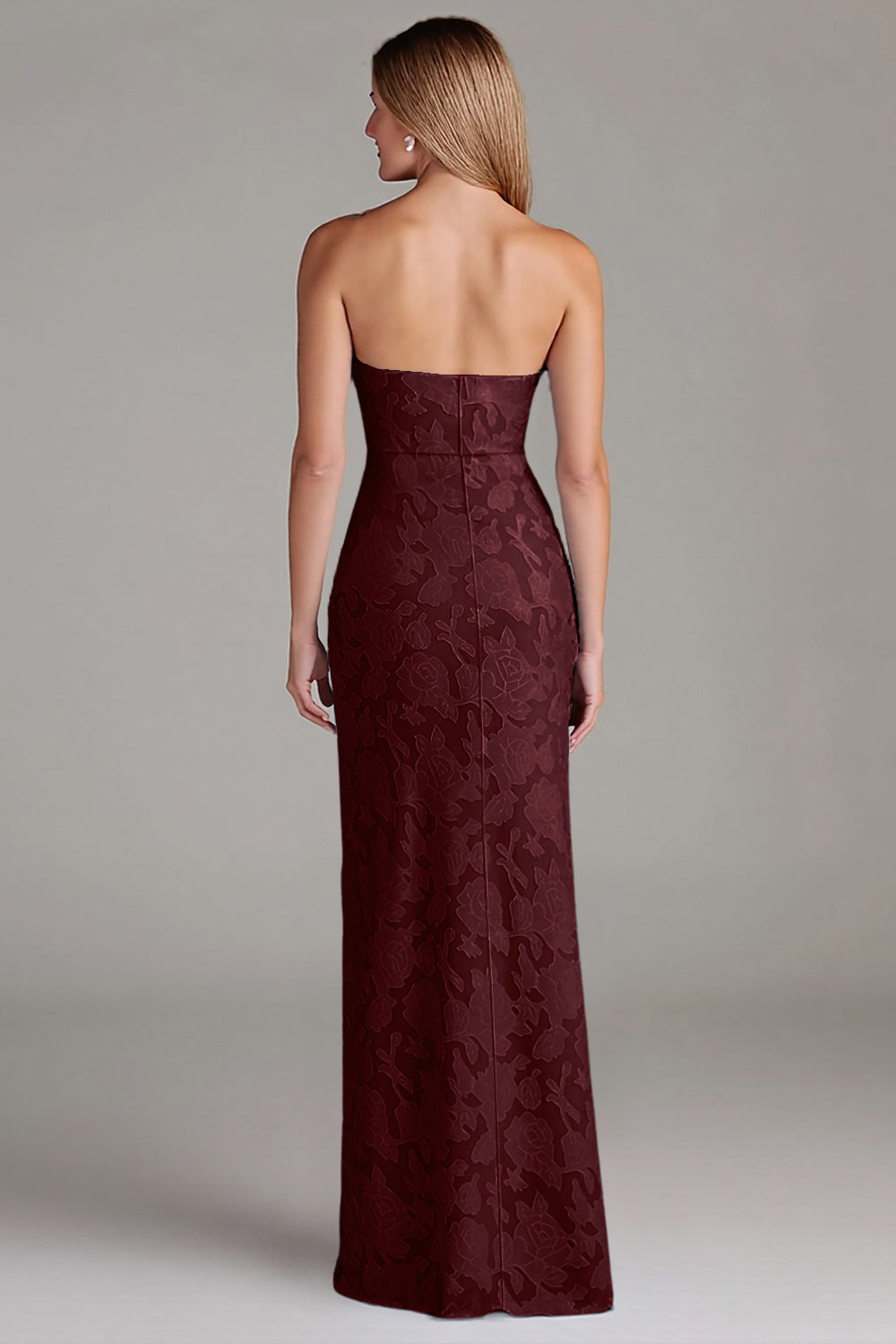 Robe de demoiselle d’honneur longue sans bretelles gaine bleu poussiéreux