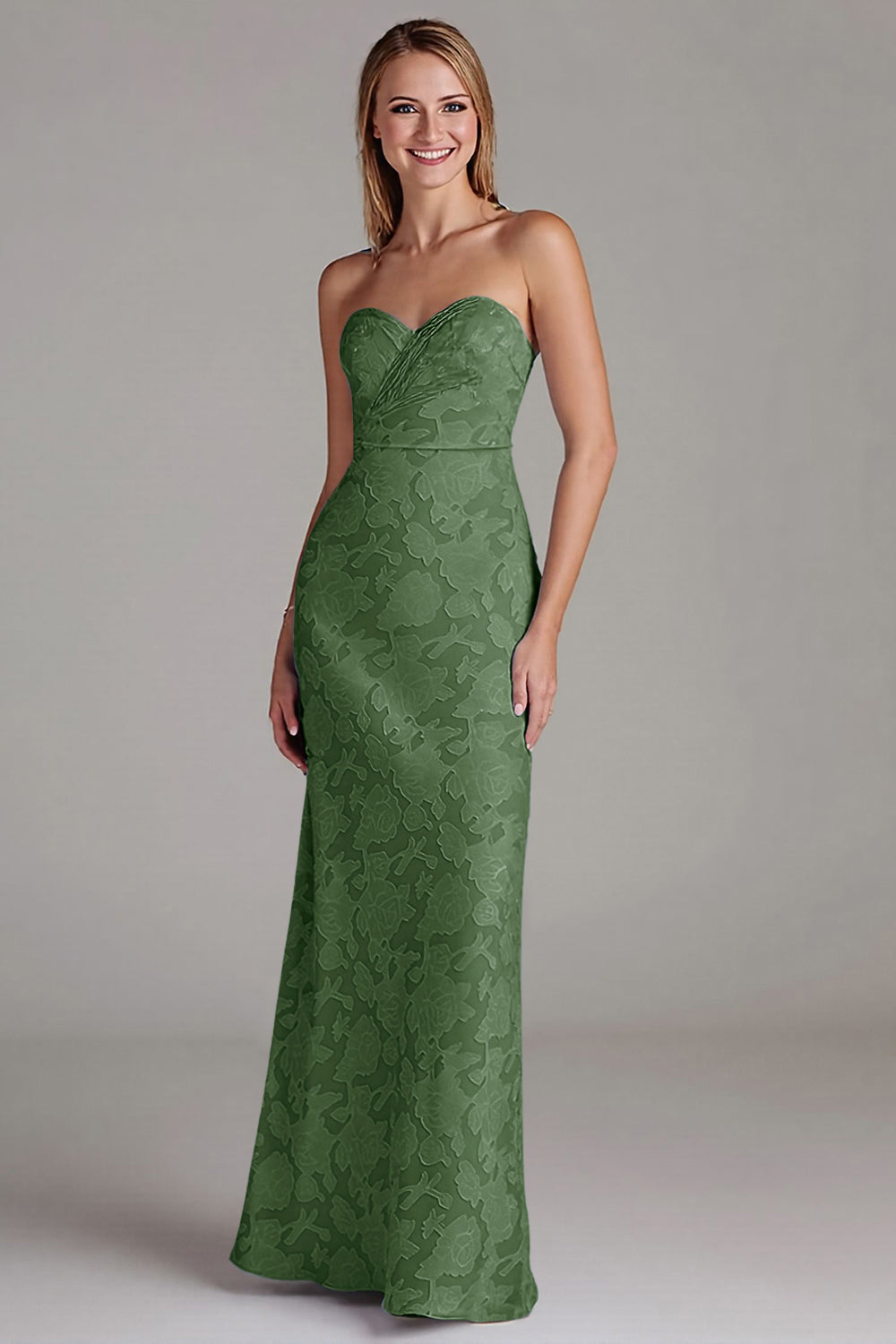 Robe de demoiselle d’honneur longue sans bretelles gaine bleu poussiéreux