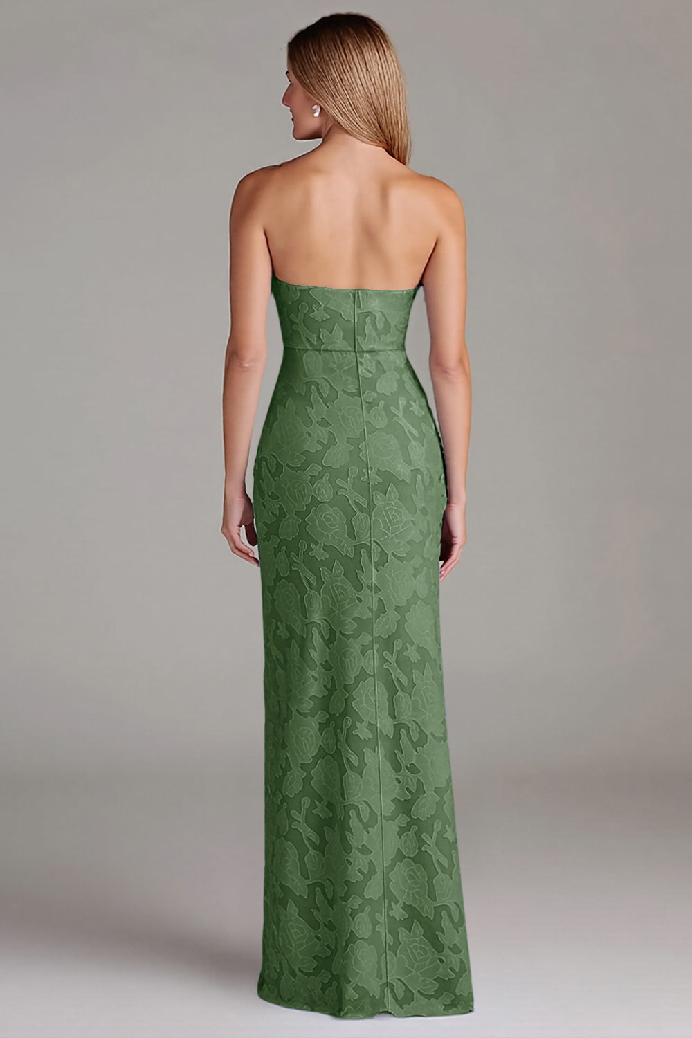 Robe de demoiselle d’honneur longue sans bretelles gaine bleu poussiéreux