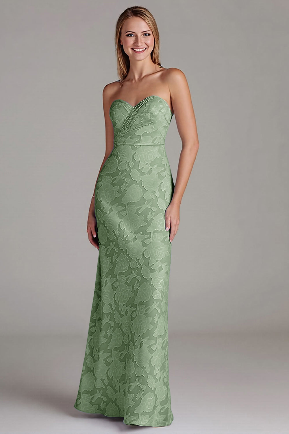 Robe de demoiselle d’honneur longue sans bretelles gaine bleu poussiéreux