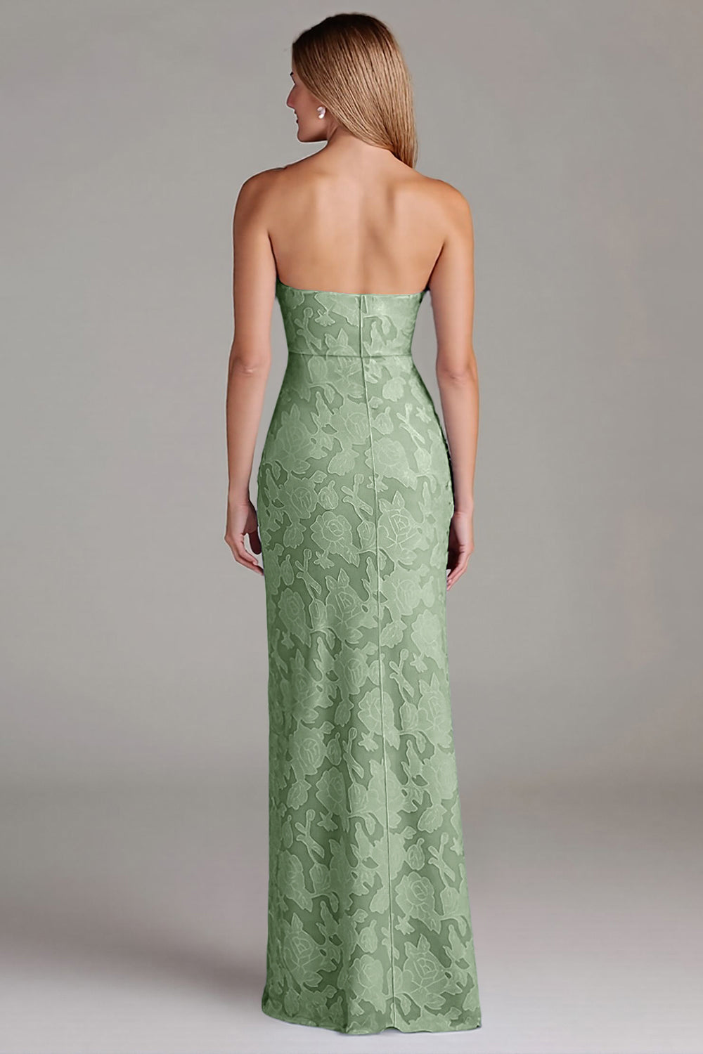 Robe de demoiselle d’honneur longue sans bretelles gaine bleu poussiéreux