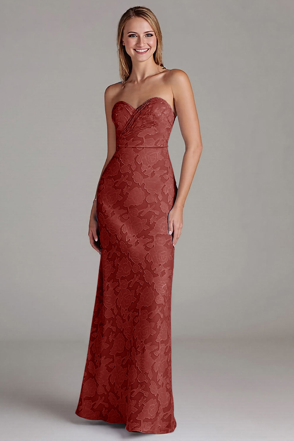 Robe de demoiselle d’honneur longue sans bretelles gaine bleu poussiéreux